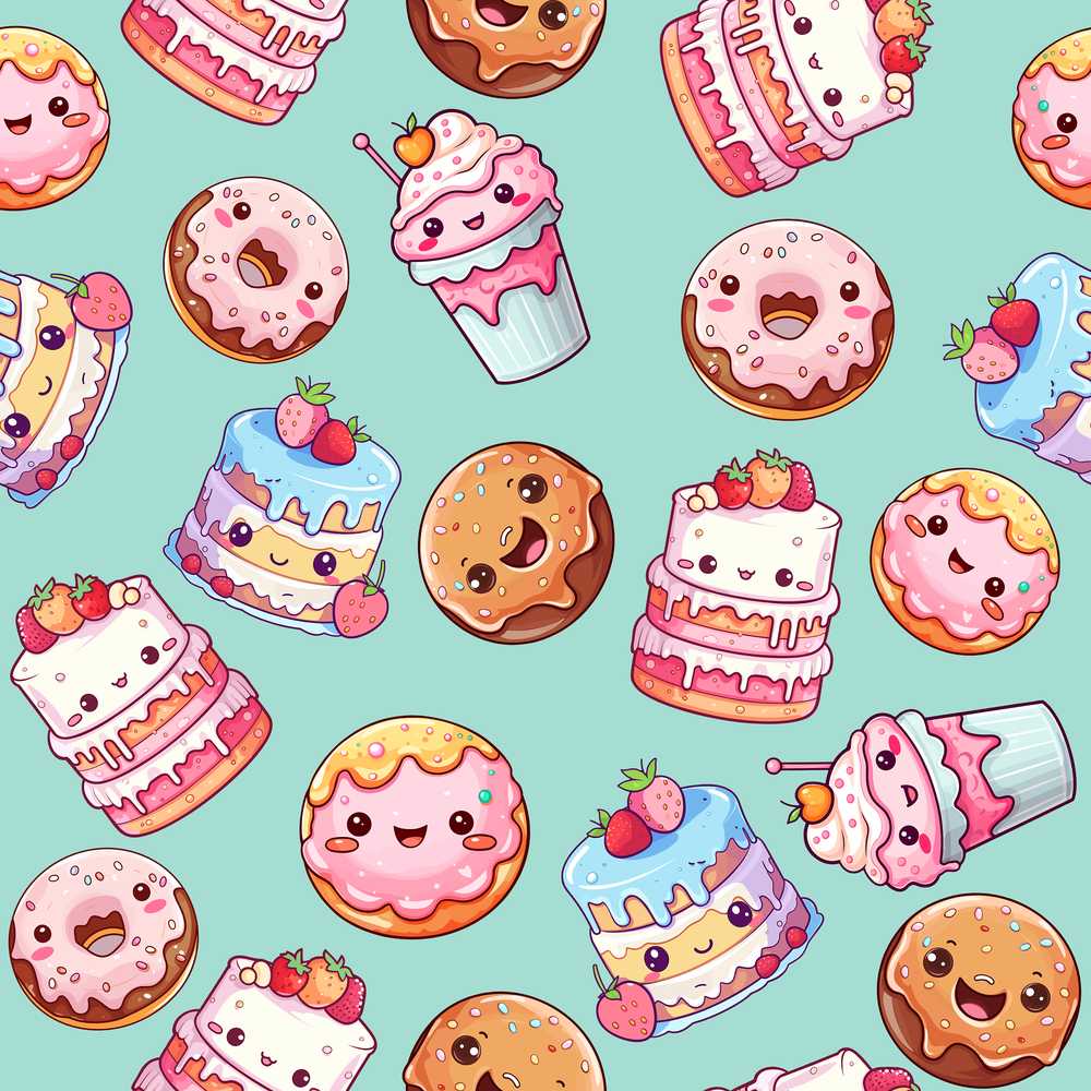 Cute Kawaii Donuts Cakes Desserts Mint Background Decorative