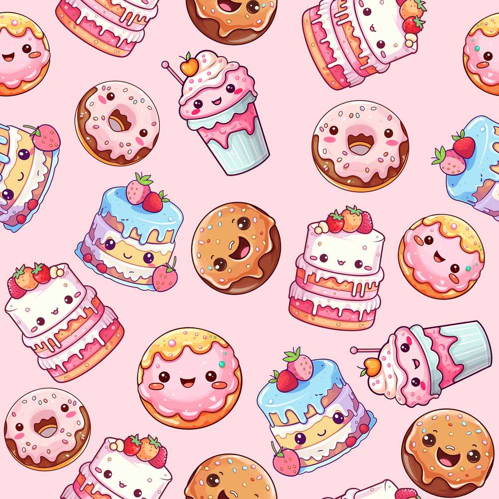 Cute Kawaii Donuts Cakes Desserts Soft Pink Background