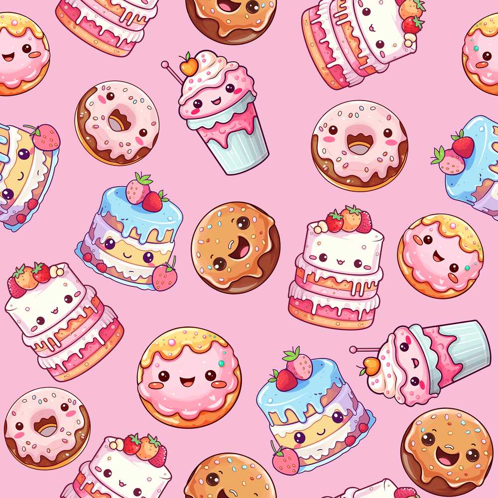 Cute Kawaii Donuts Cakes Desserts Blush Pink Background