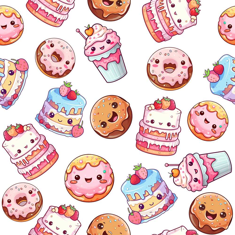 Cute Kawaii Donuts Cakes Desserts Light Grey Background