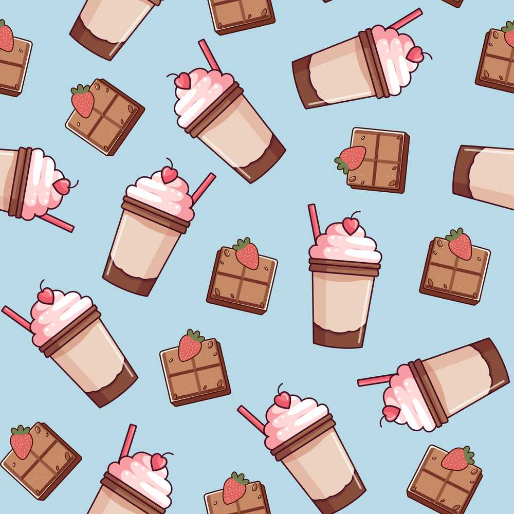 Cute Chocolate Strawberry Milkshake Blue Background Illustration Repeat