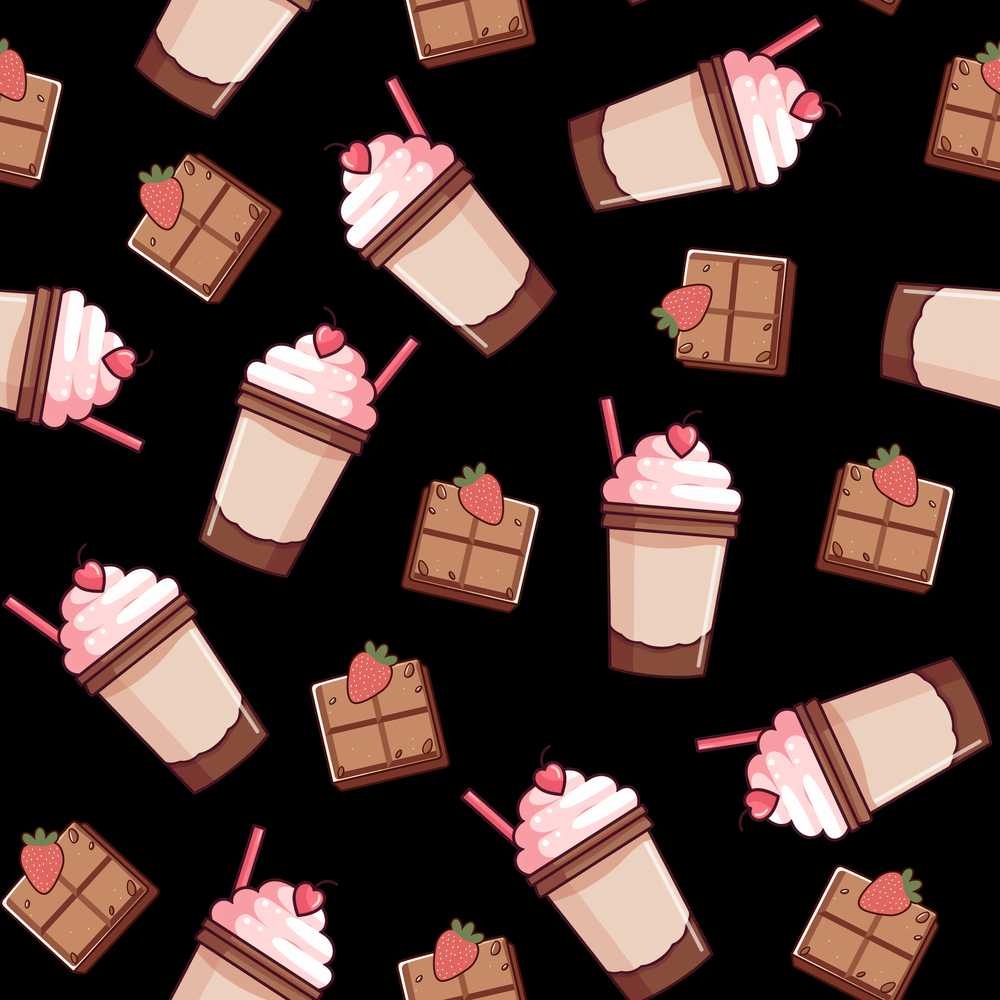 Cute Chocolate Strawberry Milkshake Black Background Illustration Repeat