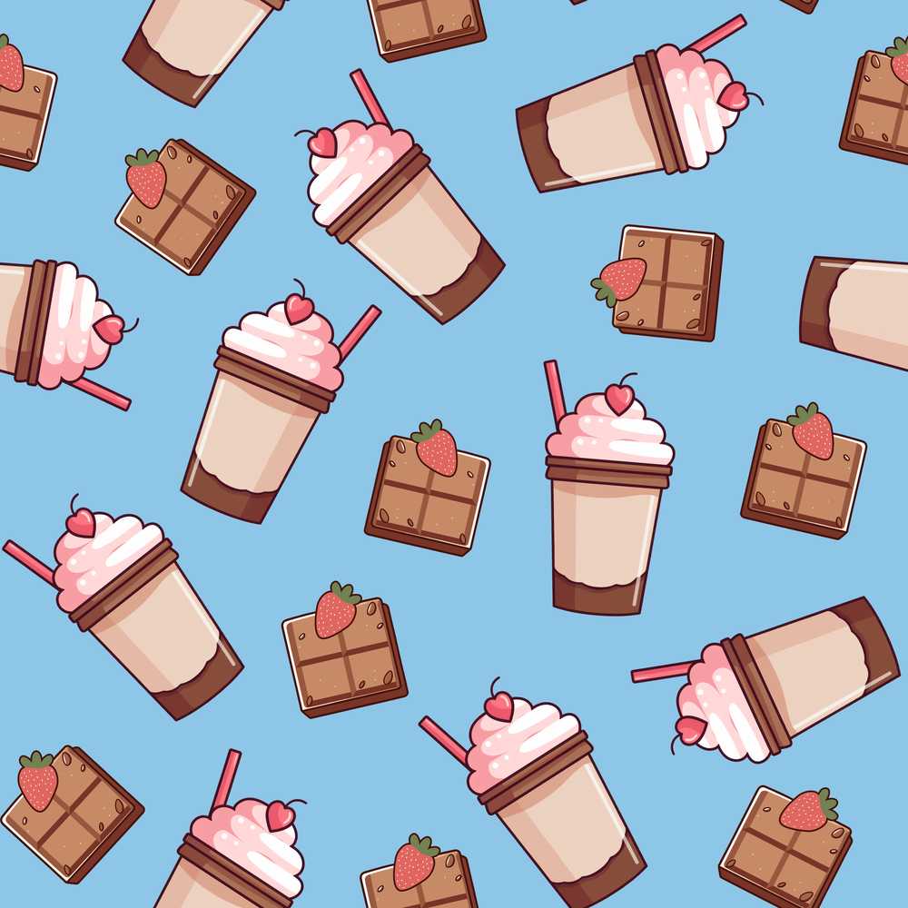 Cute Chocolate Strawberry Milkshake Blue Background Illustration Repeat