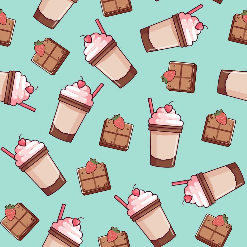 Cute Chocolate Strawberry Milkshake Mint Background Illustration Repeat