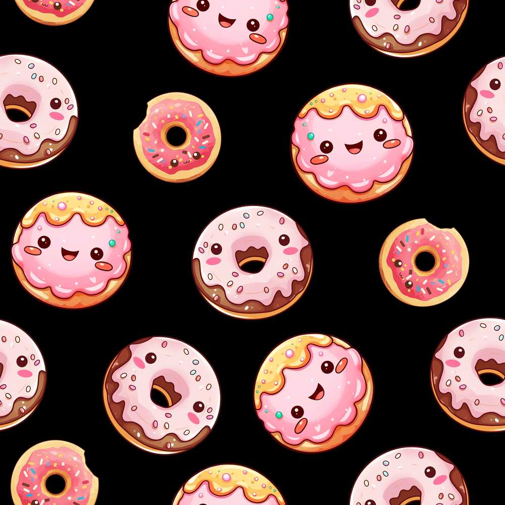 Cute Kawaii Donuts with Pink Icing Black Background