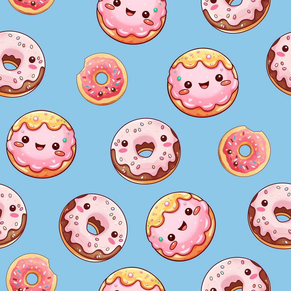 Cute Kawaii Donuts with Pink Icing Sky Blue Background