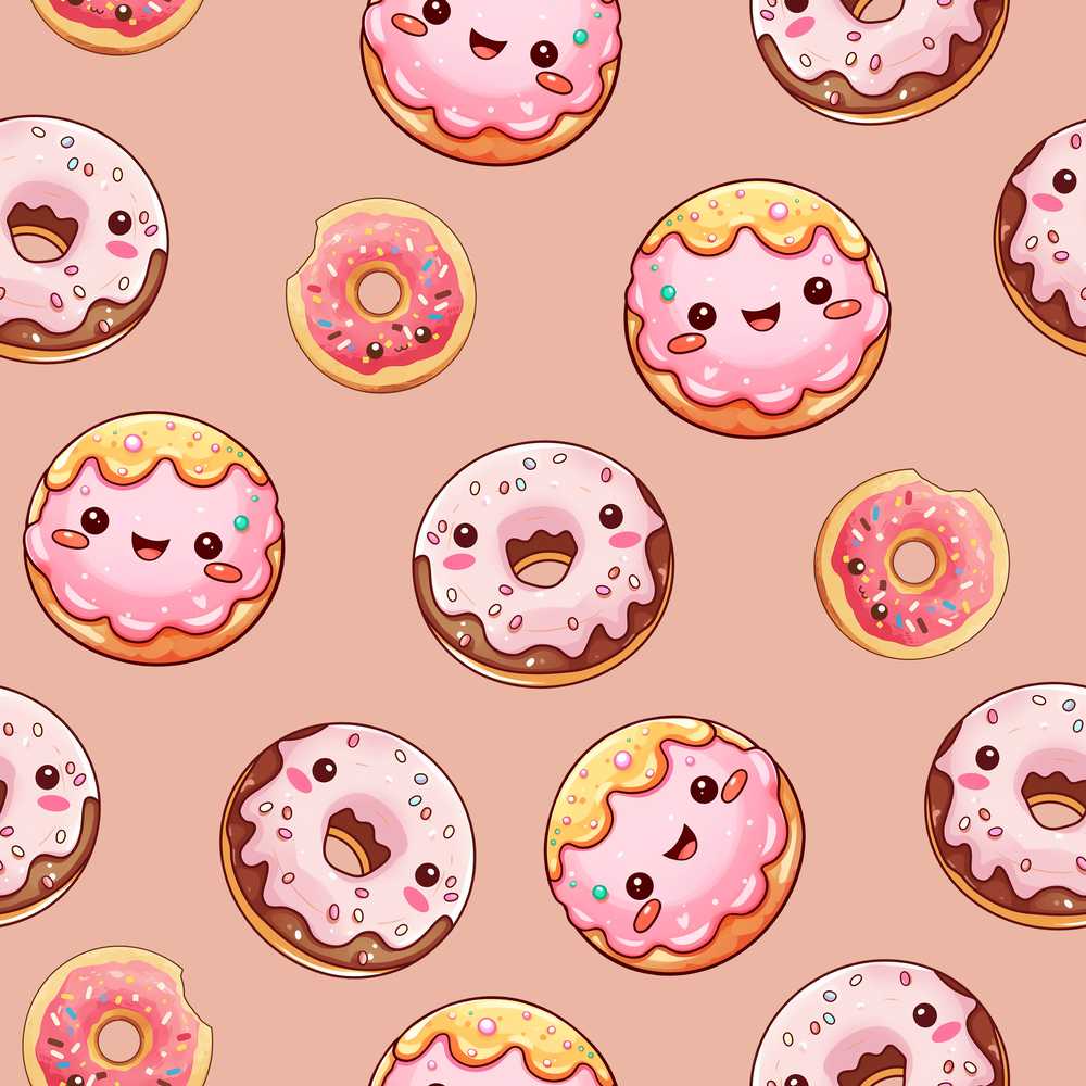 Cute Kawaii Donuts with Pink Icing Peach Background