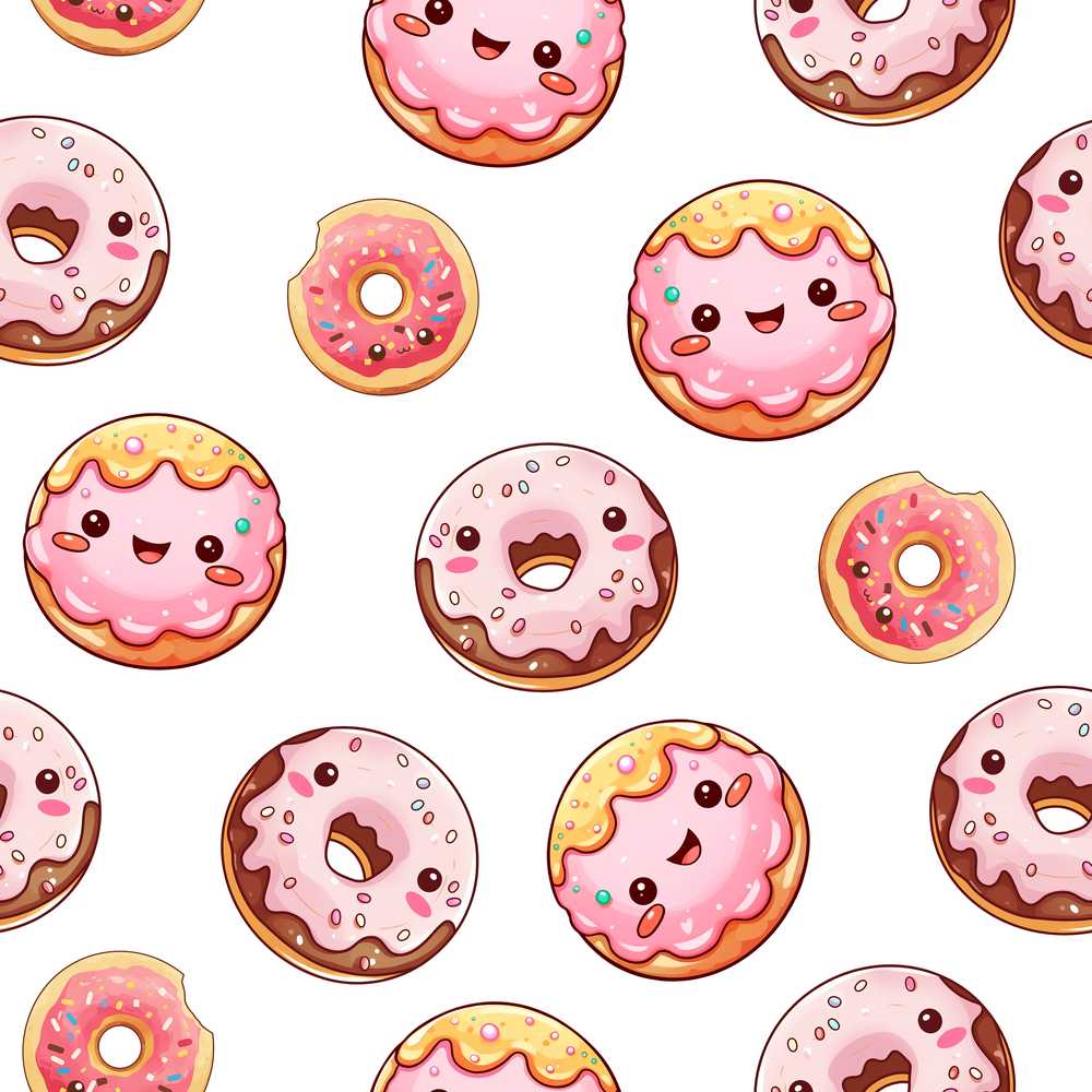 Cute Kawaii Donuts with Pink Icing Grey Background