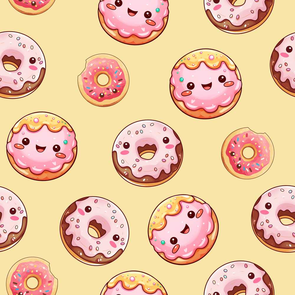 Cute Kawaii Donuts with Pink Icing Yellow Background