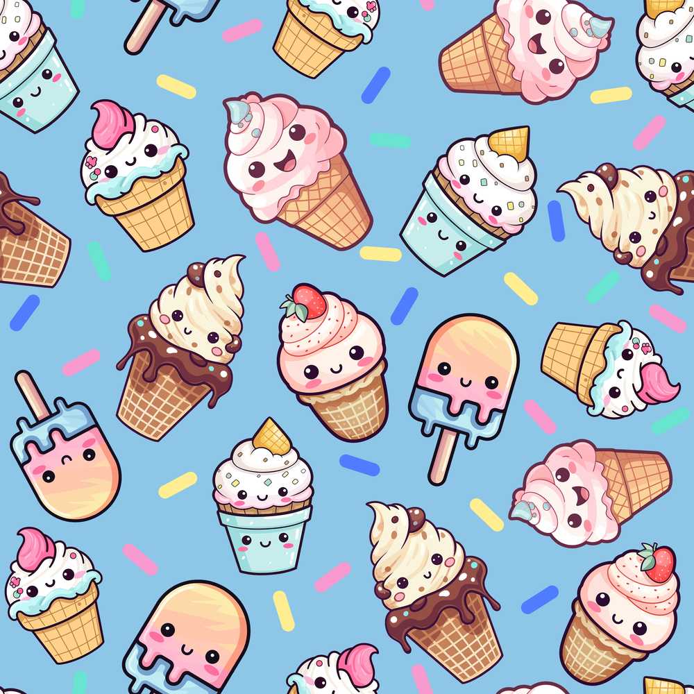 Cute Kawaii Ice Cream Desserts on Blue Background