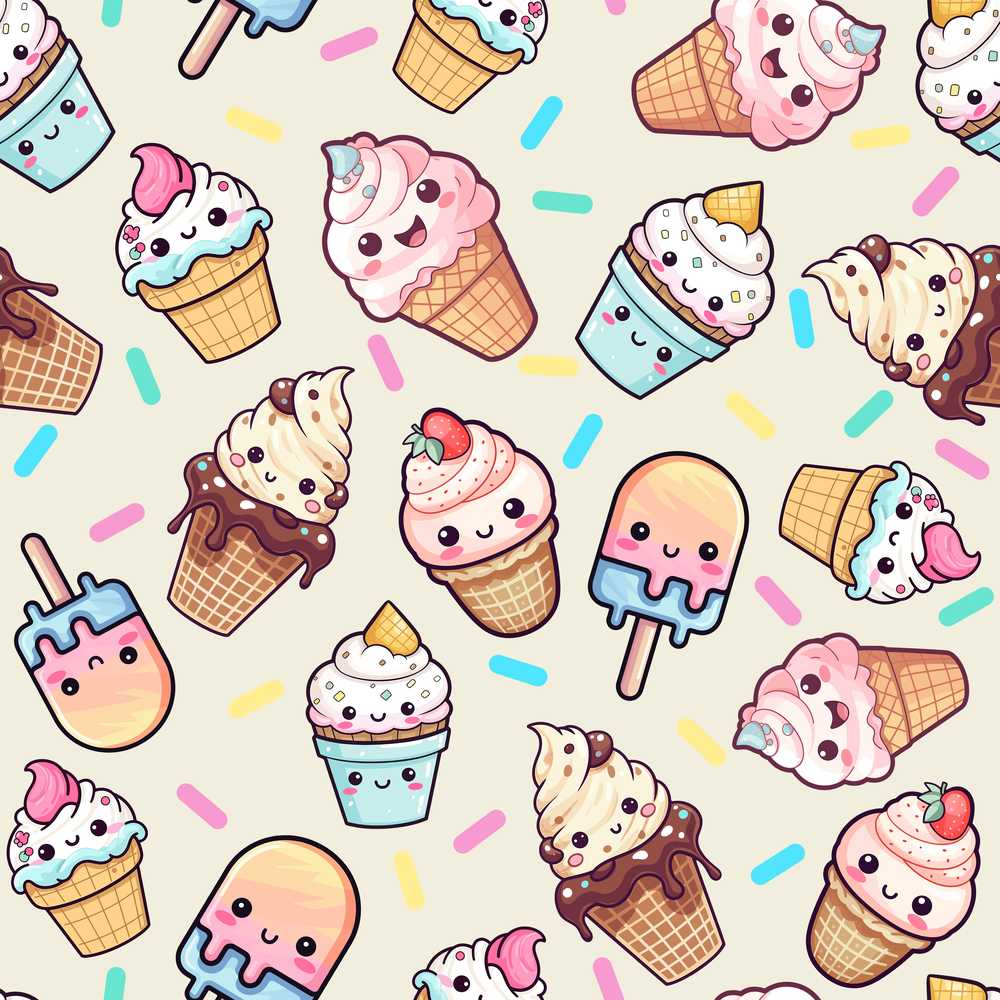 Cute Kawaii Ice Cream Desserts on Cream Background