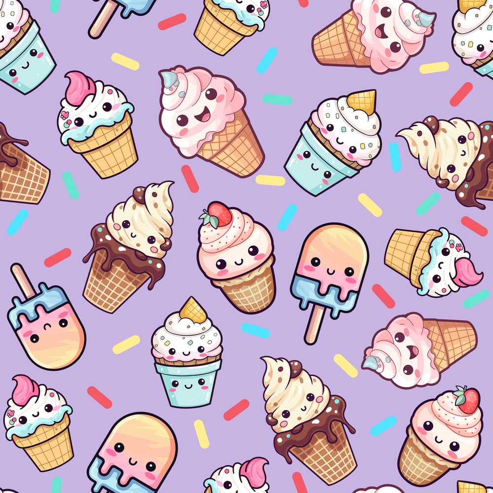 Cute Kawaii Ice Cream Desserts on Purple Background
