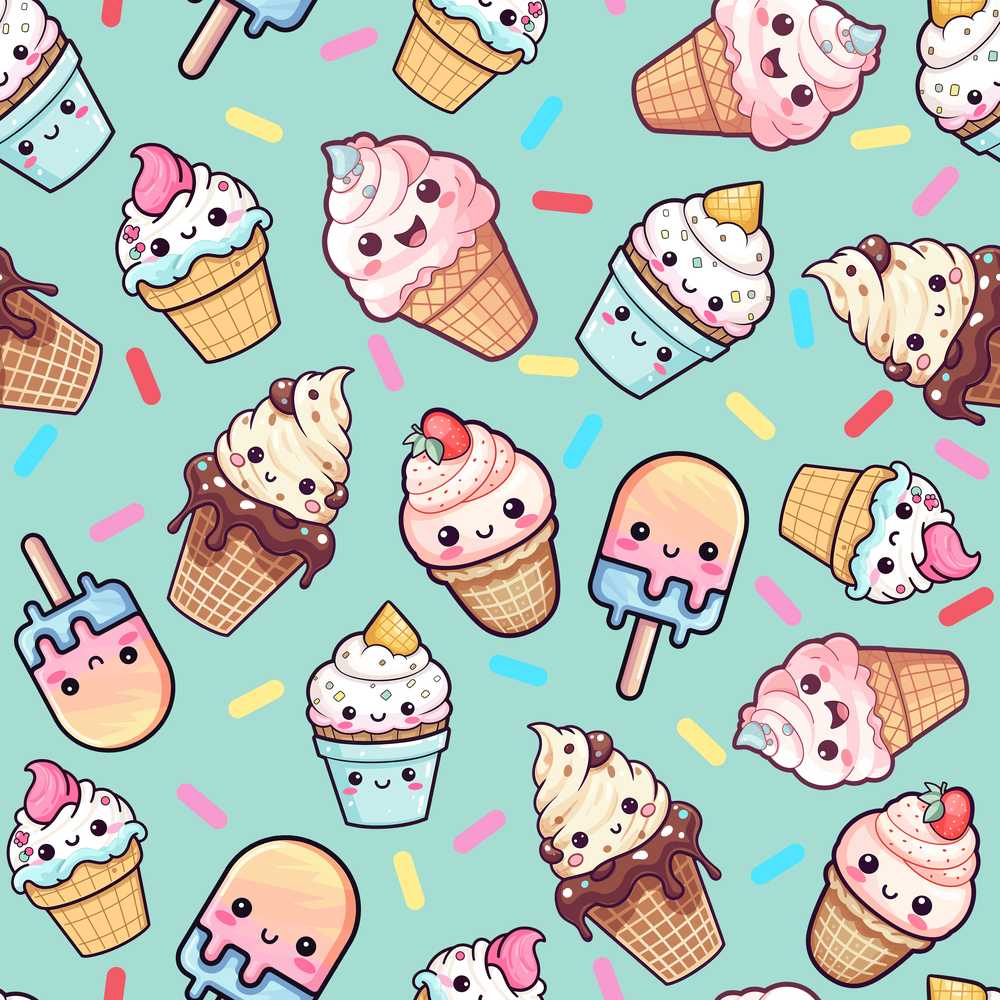 Cute Kawaii Ice Cream Desserts on Mint Background