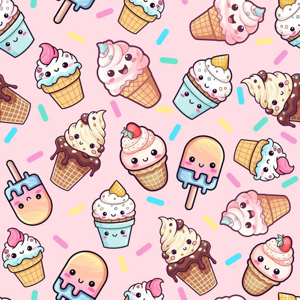 Cute Kawaii Ice Cream Desserts on Pink Background