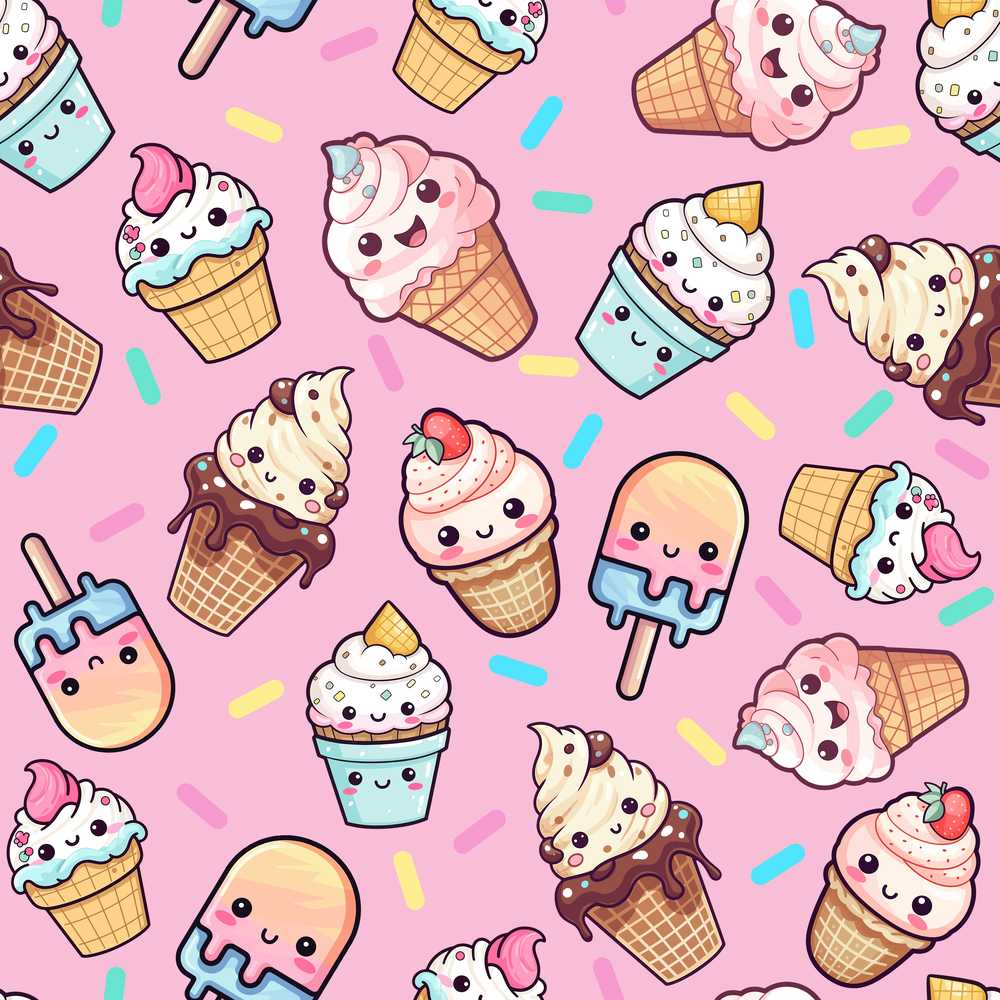 Cute Kawaii Ice Cream Desserts on Pink Background