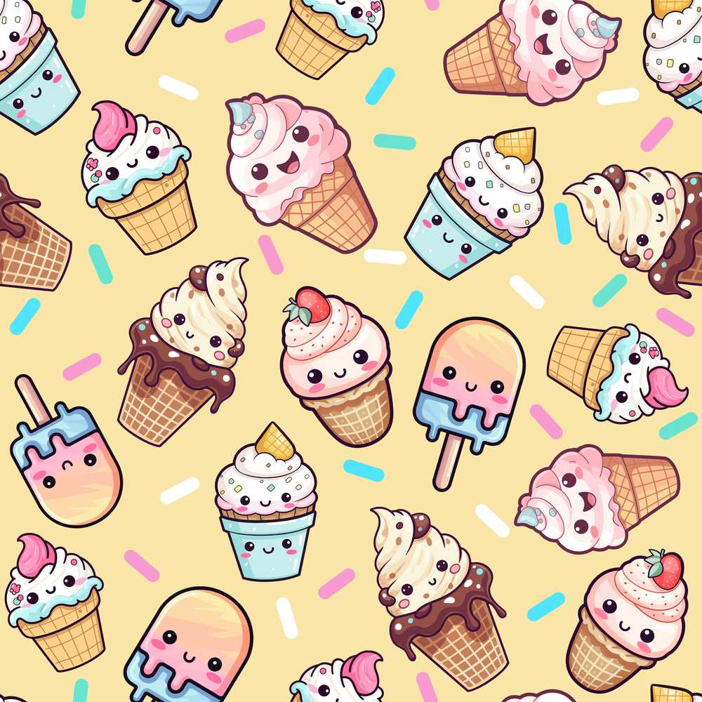 Cute Kawaii Ice Cream Desserts on Yellow Background