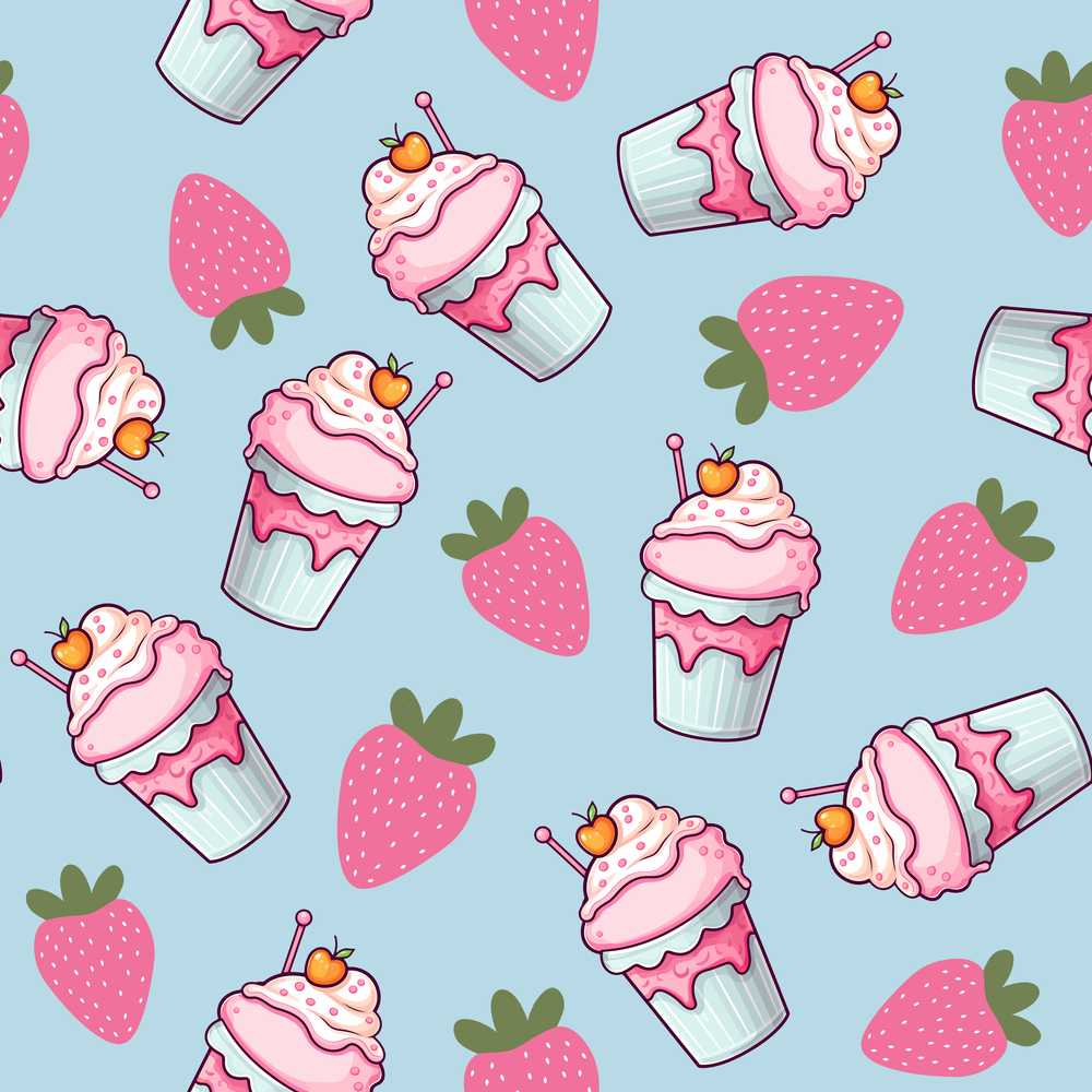 Cute Strawberry Cupcakes with Pink Frosting Blue Background