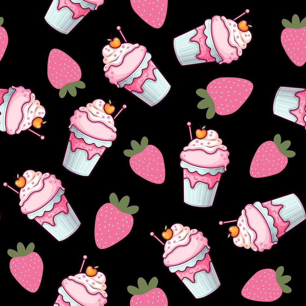 Cute Strawberry Cupcakes with Pink Frosting Black Background