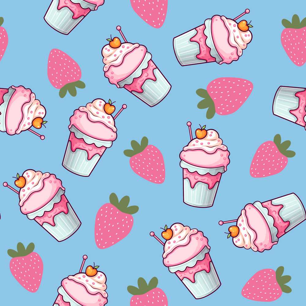 Cute Strawberry Cupcakes with Pink Frosting Blue Background