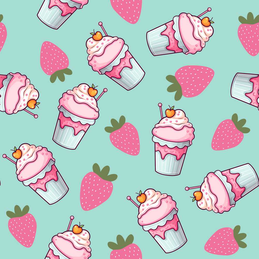 Cute Strawberry Cupcakes and Sweet Treats on Mint Background