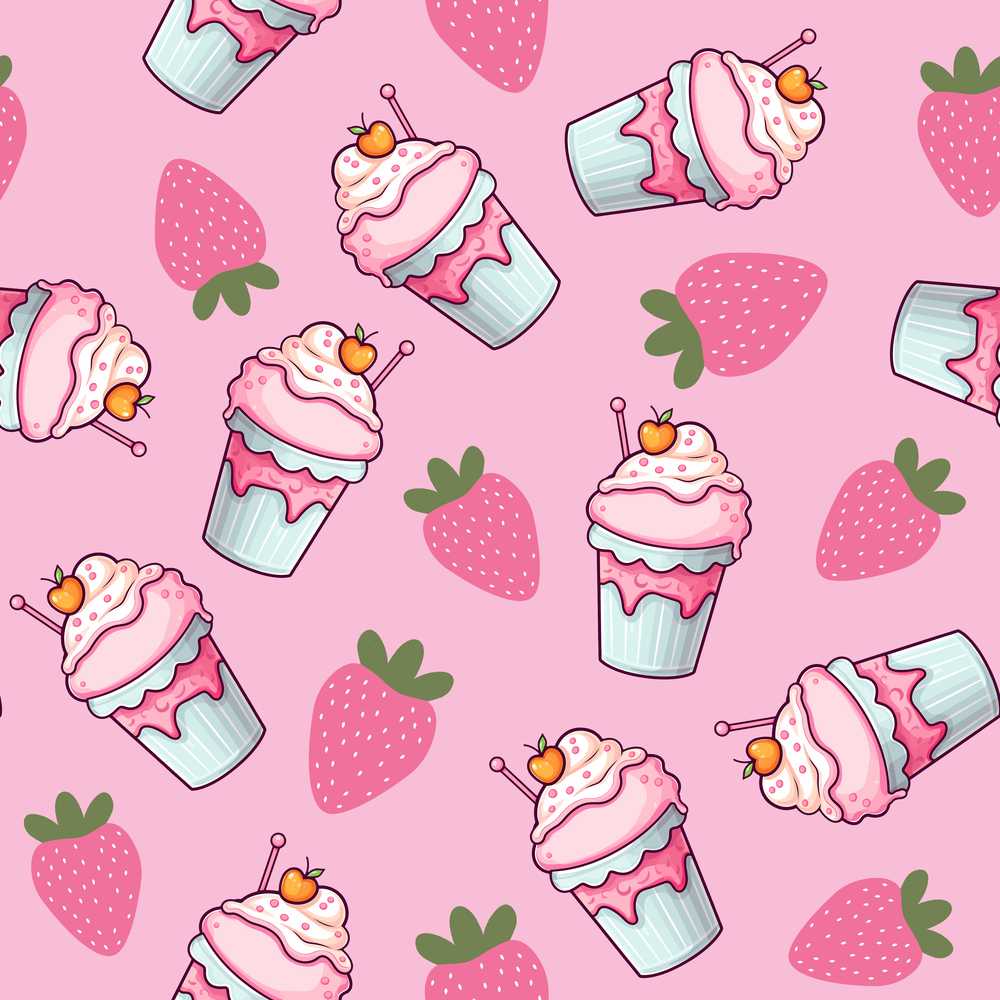 Strawberry Cupcakes and Sweet Treats on Soft Pink Background
