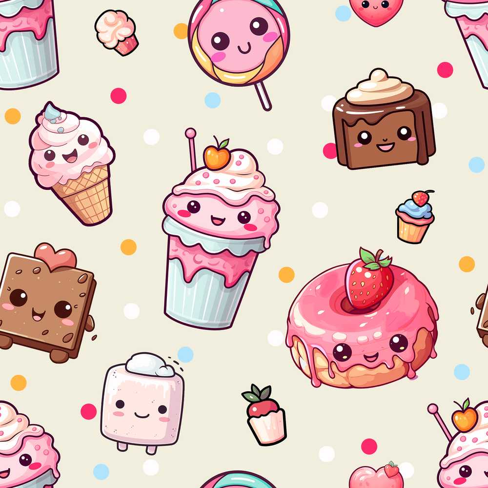 Kawaii Dessert and Donuts with Strawberry on Cream Background