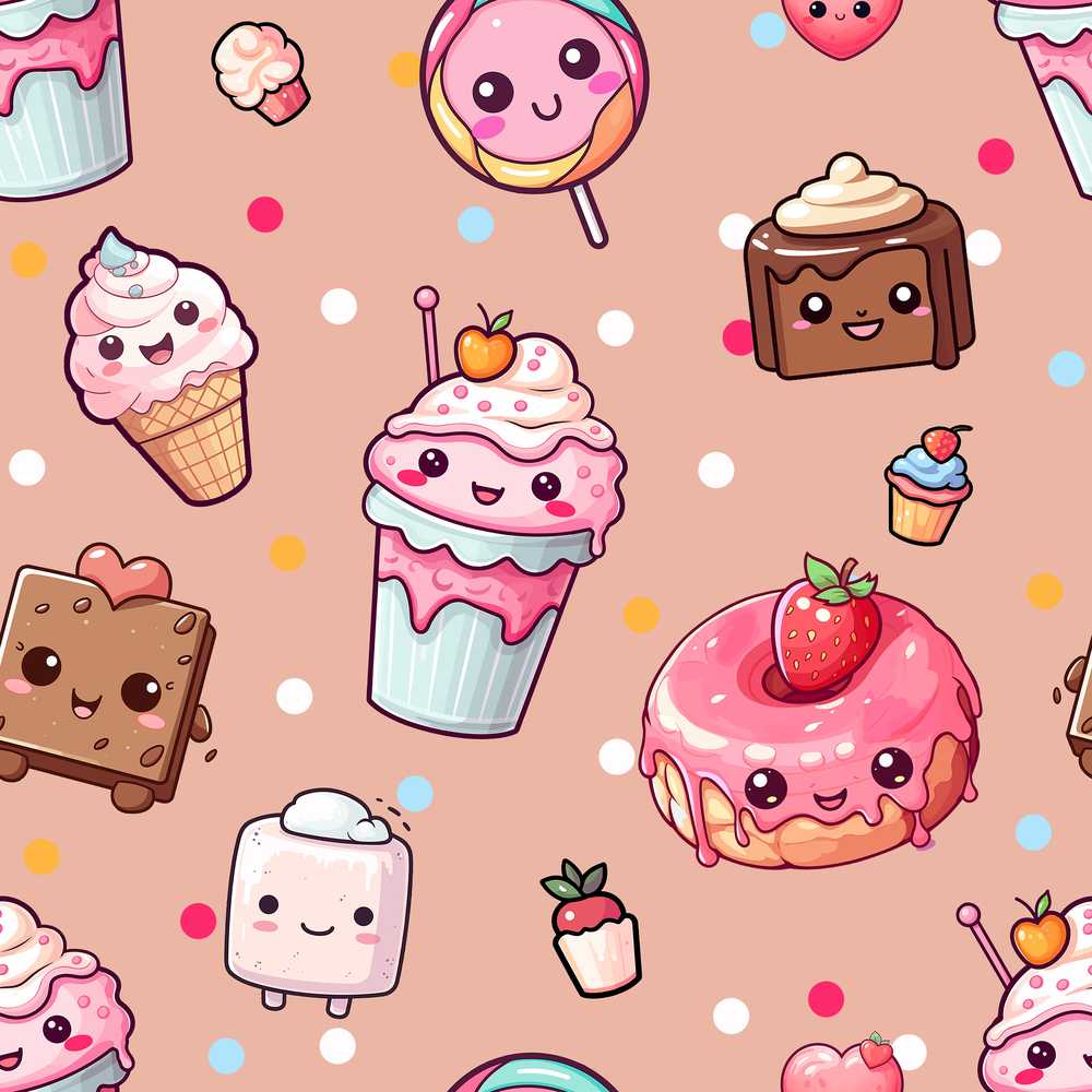 Kawaii Dessert Cupcakes Donuts and Sweets on Peach Background
