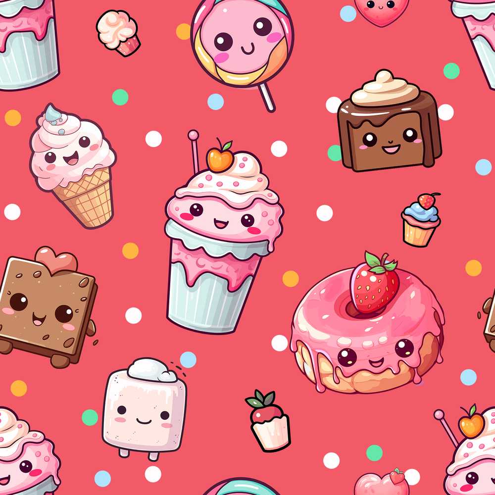 Kawaii Desserts Cupcakes Donuts and Sweets on Red Background