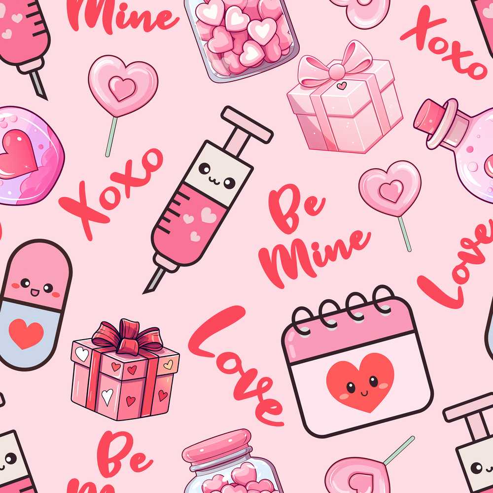 Valentines Love Hearts Gifts Syringe Candy Pink Background