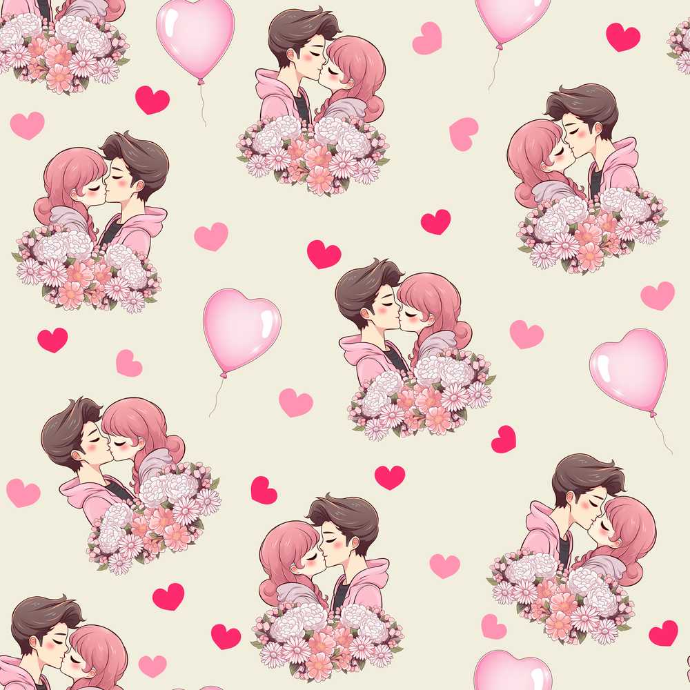 Valentines Love Couple Kissing Floral Hearts Beige Background Wildflower