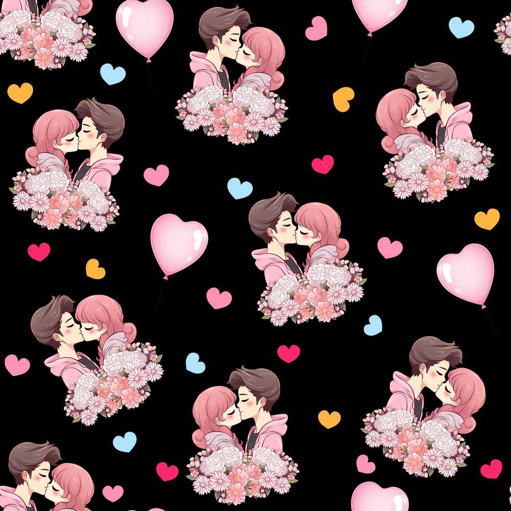 Valentines Love Couple Kissing Floral Hearts Black Background Wildflower