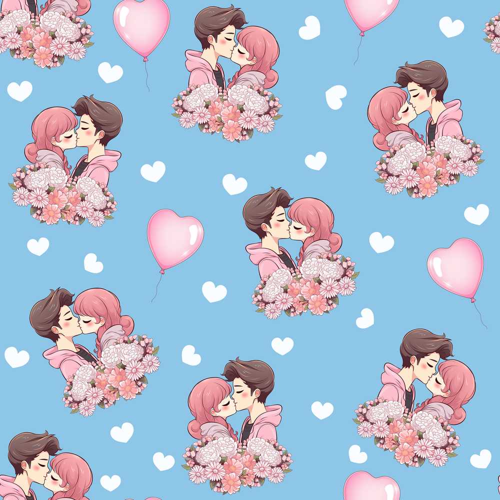 Valentines Love Couple Kissing Floral Hearts Blue Background Wildflower