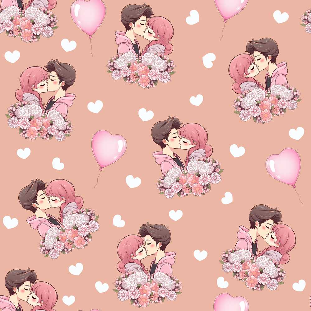 Valentines Love Couple Kissing Floral Hearts Brown Background Wildflower
