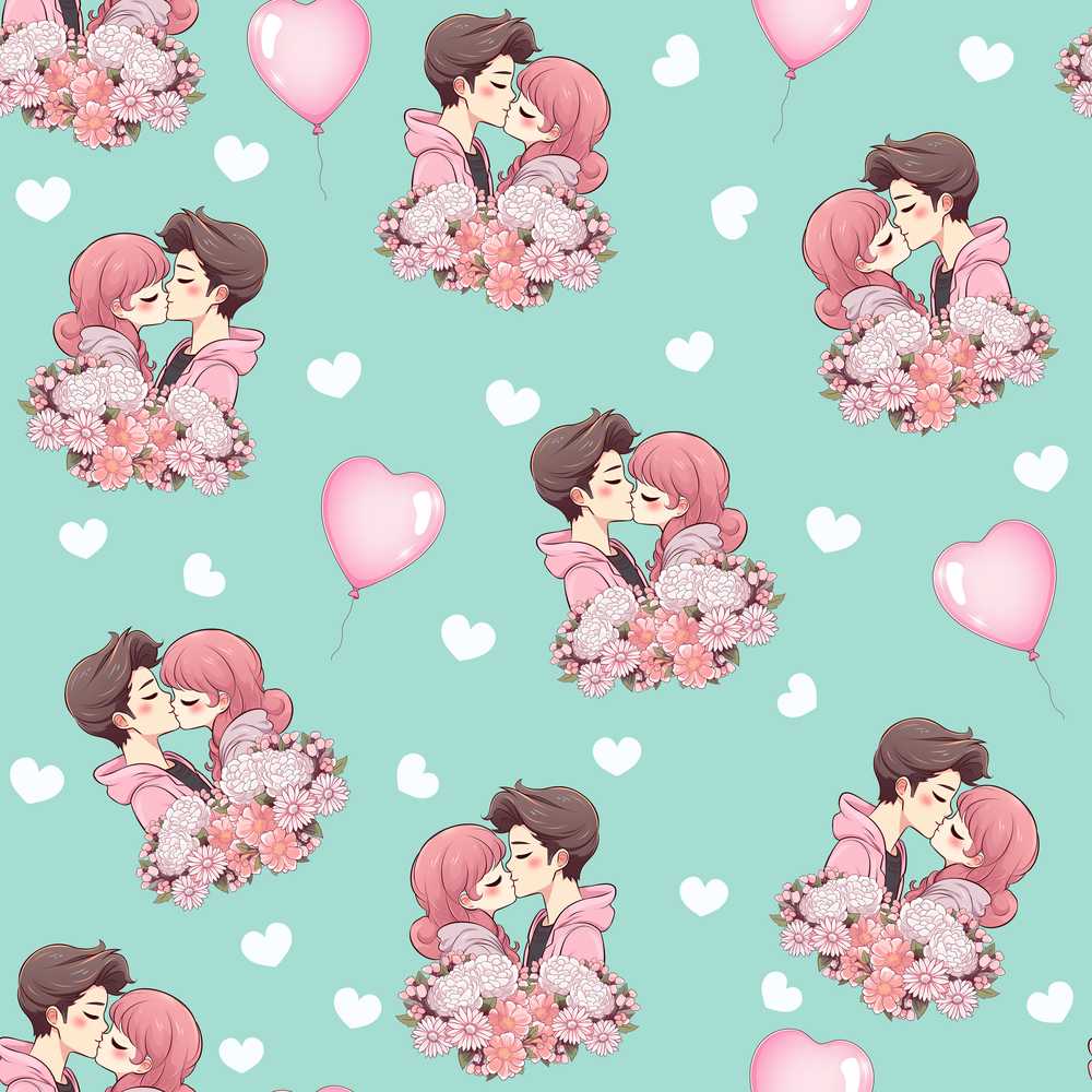 Valentines Love Couple Kissing Floral Hearts Green Background Wildflower