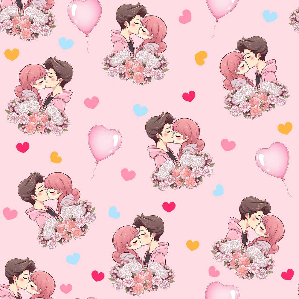 Cute Valentines Couple Kissing Floral Hearts Balloon Pink Background