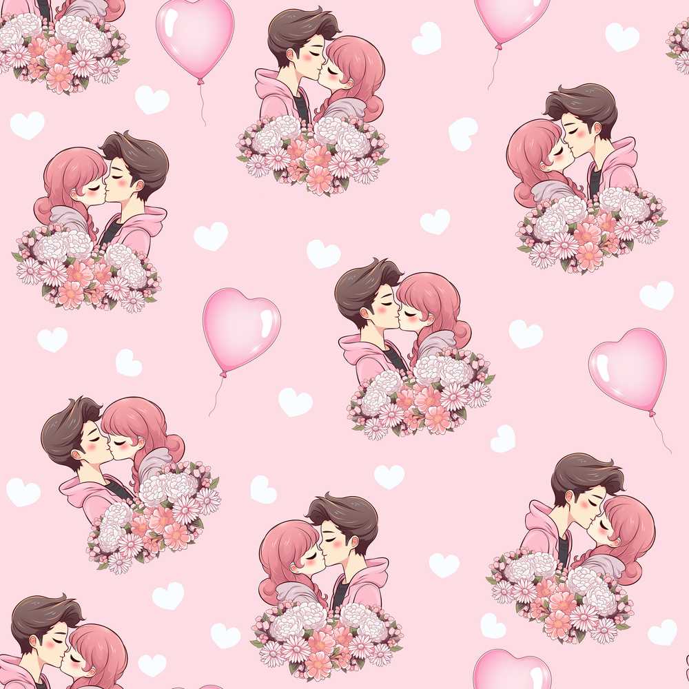 Cute Valentines Couple Kissing Floral Hearts Balloon Light Pink Background