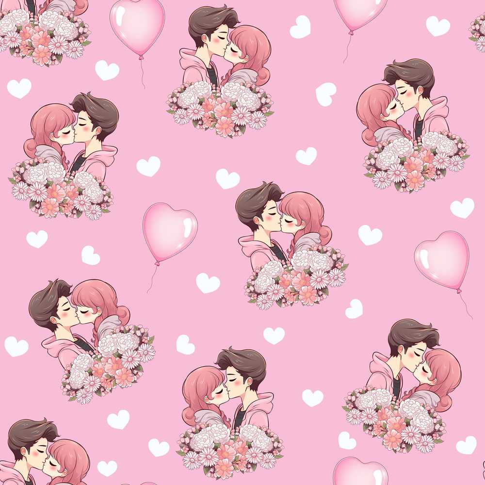 Cute Valentines Couple Kissing Floral Hearts Balloon Soft Pink Background