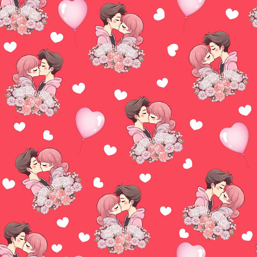 Cute Valentines Couple Kissing Floral Hearts Balloon Red Background