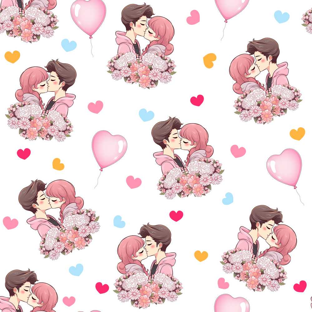 Cute Valentines Couple Kissing Floral Hearts Balloon Grey Background