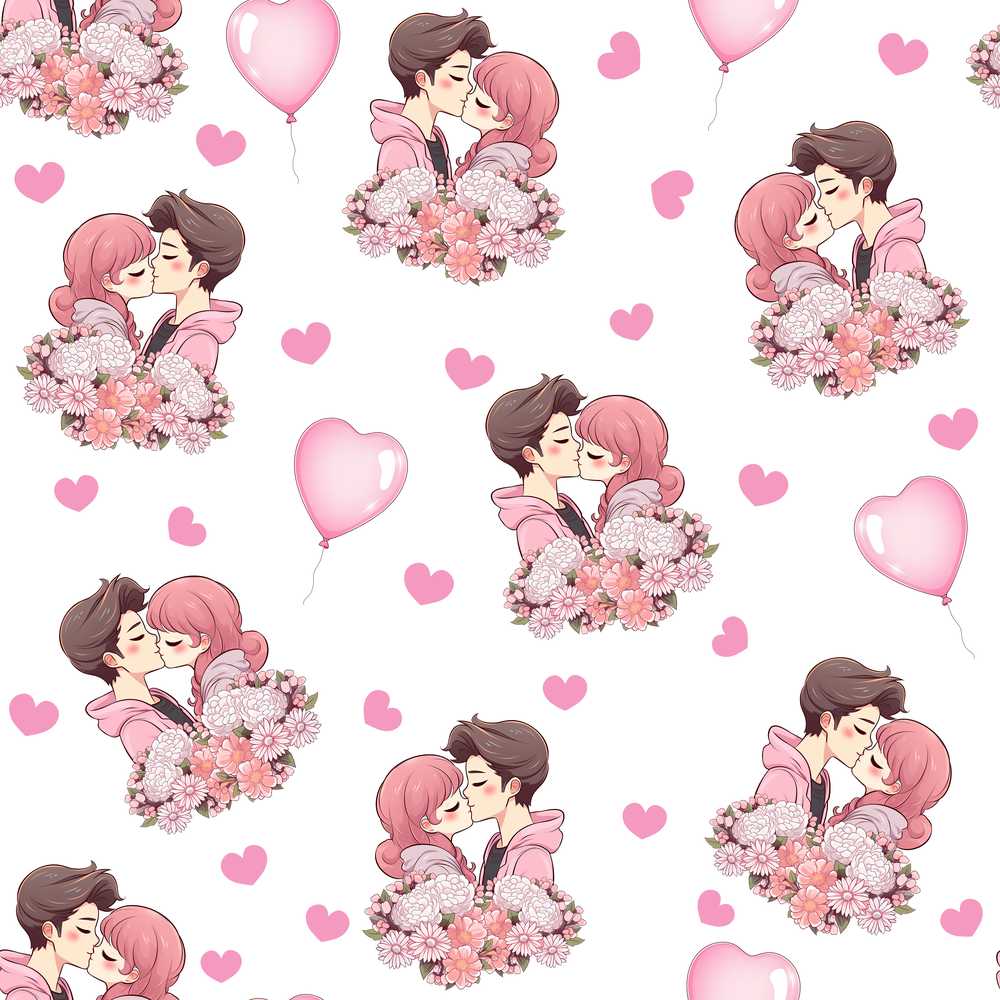 Cute Valentines Couple Kissing Floral Hearts Balloon Light Grey Background