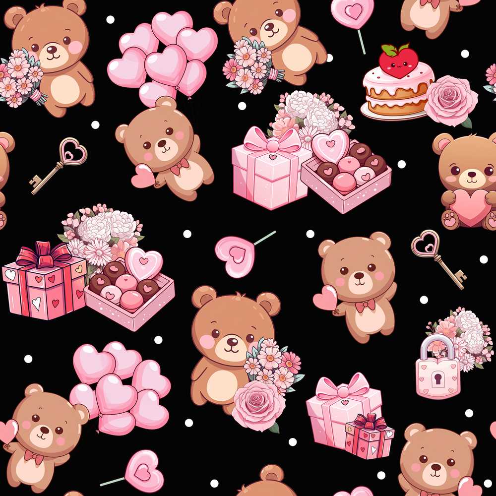 Cute Teddy Bears Heart Gift Floral Black Background Valentines