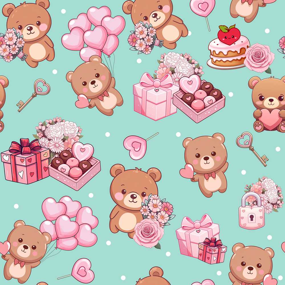Cute Teddy Bears Hearts Balloons Gifts Valentines Illustration