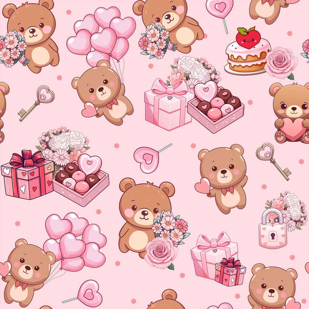 Cute Teddy Bears Hearts Balloons Gifts Pink Background