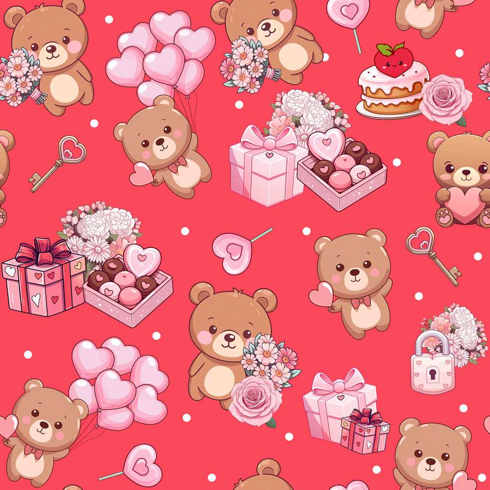 Cute Teddy Bears Hearts Balloons Gifts Red Background