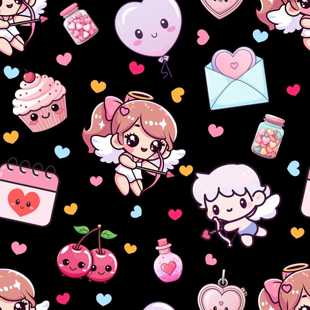 Cute Cupid Angels Hearts Sweets Black Background Decorative