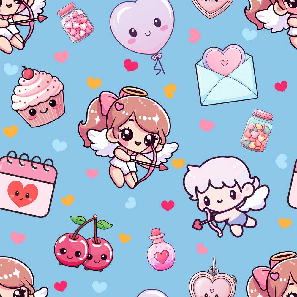 Cute Cupid Angels Hearts Sweets Blue Background Decorative