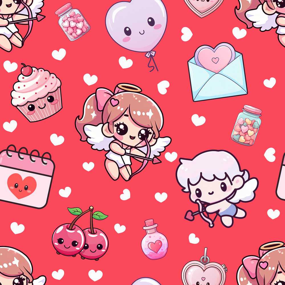 Cute Cupid Angels Hearts Sweets Red Background Decorative