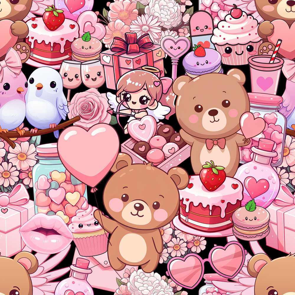Cute Teddy Bears Cakes Flowers Valentines Kawaii Wildflower Pattern