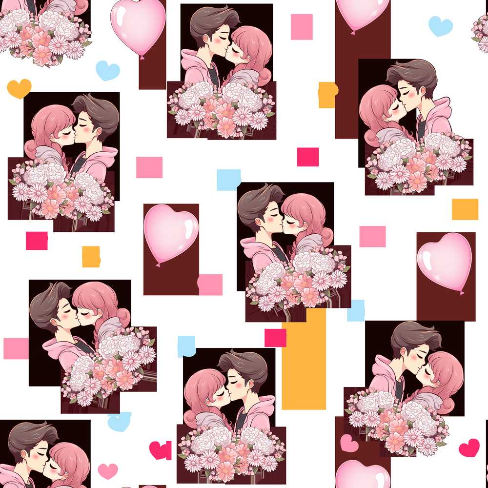 Romantic Couple Kissing Hearts Balloons Cute Decorative Repeat