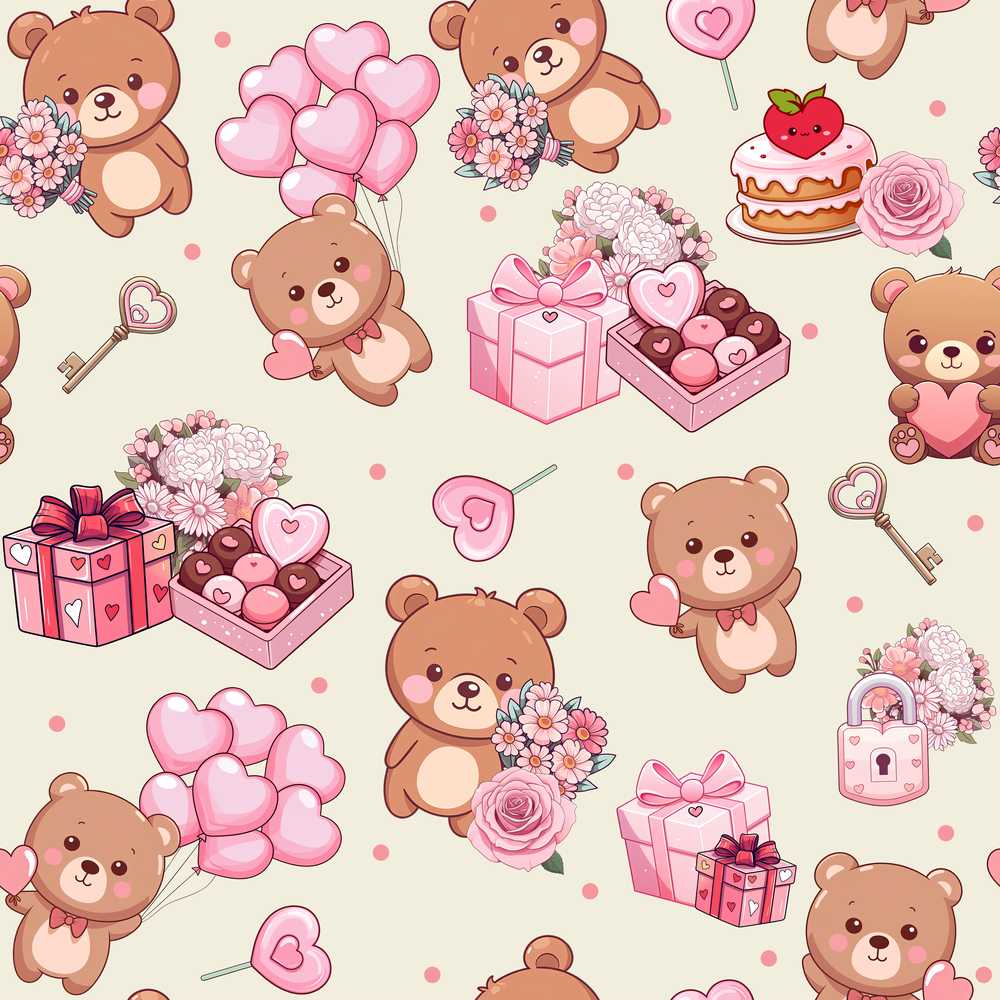 Cute Teddy Bears Gifts Hearts Valentines Illustration Repeat